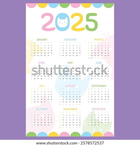 One page cute cat 2025 wall calendar, January to December template vector design with vibrant color. Calendar page size 27.7 x 42