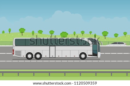 Tourist white modern bus neoplan on the road, highway, autobahn. Very fast driving. Bus riding fast. Touristic and travel concept. Bus traveling. Time to travel. Passengers. Vector illustration. 