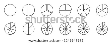 Fraction pie divided into slices. Fractions. Fraction Pies. Vector flat outline icon illustration isolated on white background.