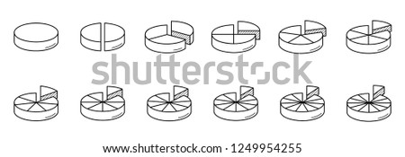 Fraction pies divided into slices. Vector flat outline icon illustration isolated on white background.