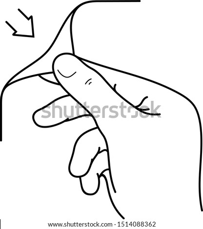 Hand pulling a sticker. Vector outline icon.