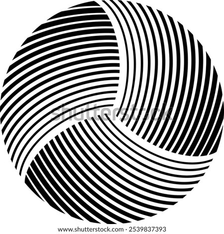 A circular design divided into three equal sections, each filled with curved parallel lines that create a dynamic swirling effect, resembling a three-part pinwheel or turbine pattern. Vector icon.