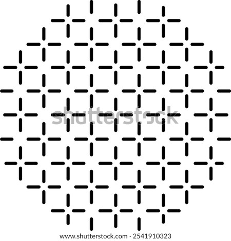 A circular pattern is composed of evenly spaced small black dashes arranged in a grid formation, creating a repeating plus-sign or cross motif.