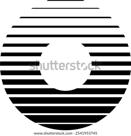 A minimalist retro-style design featuring horizontal stripes forming a semicircle with a perfect circular cutout in the center, creating an illusion of a setting or rising sun on the horizon.