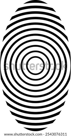 A stylized black fingerprint pattern composed of concentric circles or rings arranged in an oval shape against a white background. Vector outline icon.