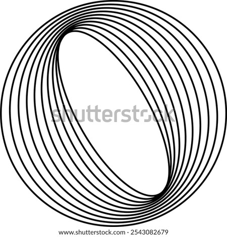 A circular optical illusion pattern created with multiple parallel black lines that form a twisted ring or mobius strip effect against a white background. Vector outline illustration.