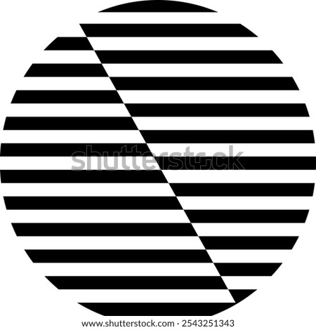 A circle divided diagonally with horizontal black stripes creating an optical illusion effect on a white background. The parallel lines on each half are offset to create a dynamic split pattern.