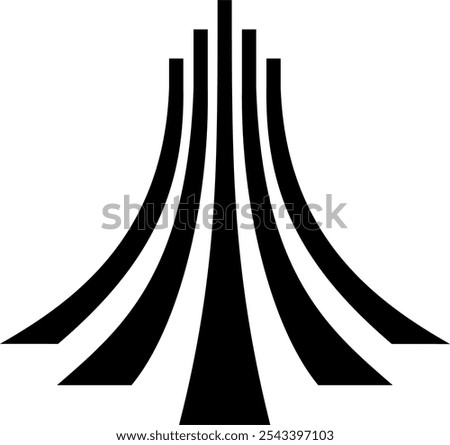 An abstract geometric design shows black converging lines or stripes forming a stylized upward-pointing arrow against a white background. Vector logo design. 