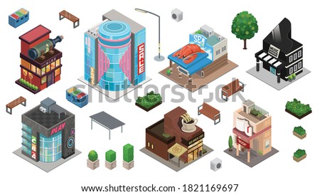 Vector isometric buildings, classic wine shop, shoping mall sale, seafood restaurant, music school, game center have stageABC, Red Brick Cafe, Book store and other element.