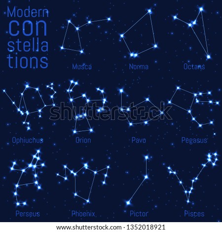 vector set of modern constellations. bright stars and lines on starry sky. realistic image of celestial bodies. Musca, Norma, Octans, Ophiuchus, Orion, Pavo, Pegasus, Perseus, Phoenix, Pictor, Pisces