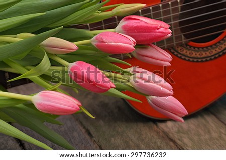 Beautiful pink tulip flowers with leaves place on classical guitar neck on old timber table
