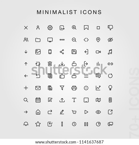 70+ Minimal UI icon set.  (black version). Modern simple minimal, flat, solid, mono, monochrome, plain, contemporary style. Vector illustration web internet design elements in eps