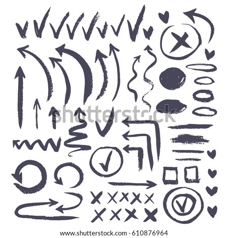 Set of vector objects for design on a white background. Abstract hand-drawn different arrows, crosses, check marks, spots, circles and hearts in a single style.