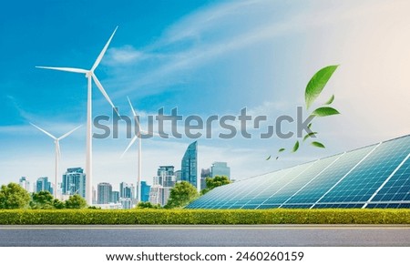 Similar – Image, Stock Photo Wind energy. Wind power. Sustainable, renewable energy. Wind turbines generate electricity. Windmill farm on mountain with sunset sky. Green technology. Renewable resource. Sustainable development.