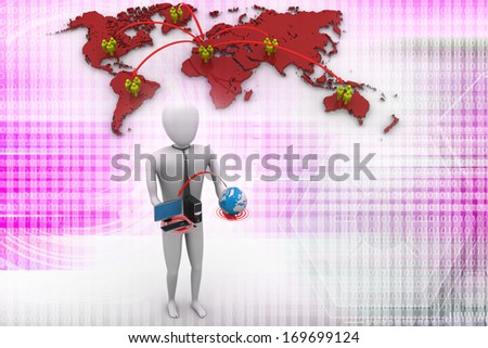 3d man with globe and computer
