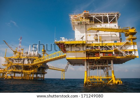 Oil and gas platform in the gulf or the sea, The world energy, Offshore oil and rig construction.Platform for production oil and gas.