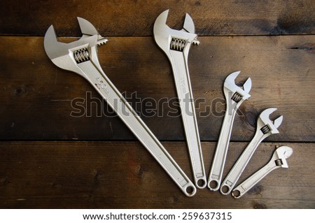 Spanner or adjustable wrench on wooden back ground, Basic hand tools.