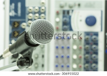 Close up of microphone in concert hall or conference room, Close up old microphone in conference room , Studio equipment.