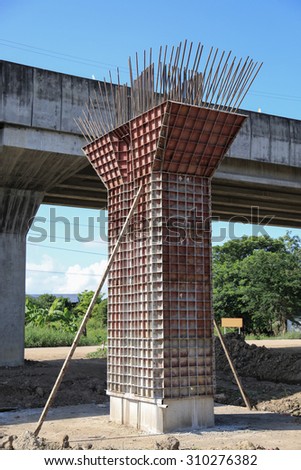The Highway Under Construction, Concrete bridge pier with the visible traces of the framework in the bridge construction site, Construction background.