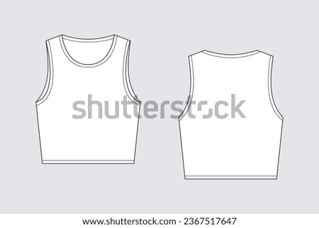 Female crop top vector template isolated on a grey background. Front and back view. Outline fashion technical sketch of clothes model.