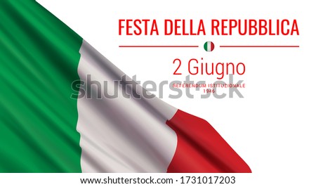 Vector illustration with a realistic flag of Italy, and text isolated on white background. Translation: 