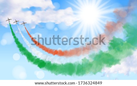 Vector illustration with three planes and trails in green, white, and red colors of the flag of Italy, Mexico, or Hungary isolated on sky background. Good for national holiday greeting cards, posters,