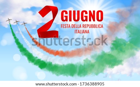 Vector illustration with three planes and paths in green, white, and red colors and text isolated on sky background. Translation: 