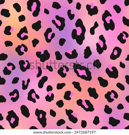 Abstract vector seamless pattern of leopard fur. Jaguar, cheetah, panther skin print. Spotted pattern with black border and pink center on a bright gradient background. Good for fashion print designs.