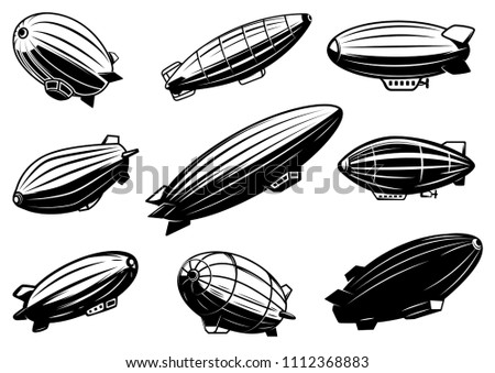 Set of air balloons, zeppelin. Design element for poster, card, emblem, sign, banner. Vector image