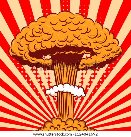 Nuclear explosion in cartoon style on comic background. Design element for poster, card, banner, flyer. Vector illustration