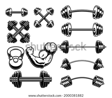 Set of illustrations of weightlifting barbells and dumbells . Design element for logo, label, sign, emblem, banner. Vector illustration