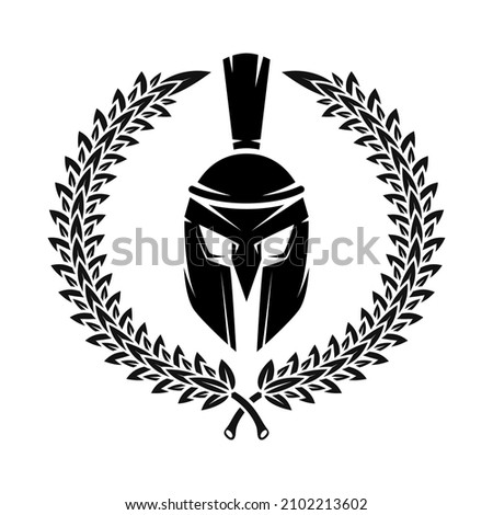 Spartan helmet with laurel wreath. Design element for logo, emblem, sign, poster, t shirt. Vector illustration