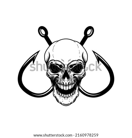 Skull with crossed fishing hooks. Design element for logo, label, sign, emblem. Vector illustration