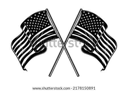 Illustration of crossed american flags. Design element for poster, card, banner, sign, logo. Vector illustration