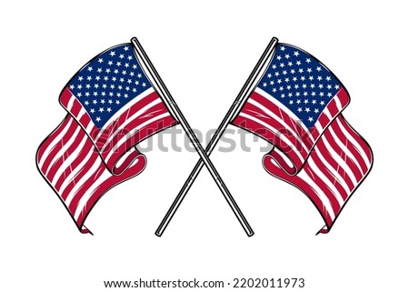 Illustration of crossed american flags. Design element for poster, card, banner, sign, logo. Vector illustration