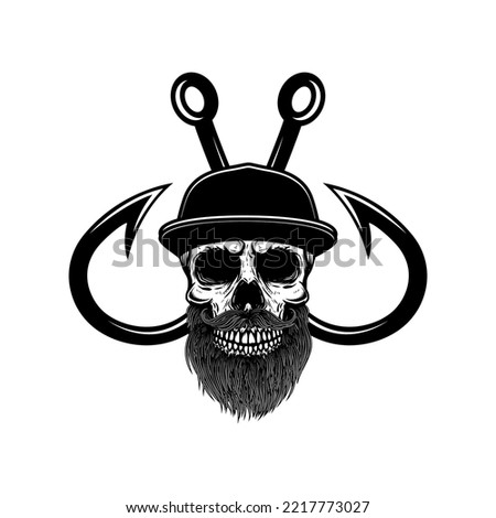 Skull with crossed fishing hooks. Design element for logo, label, sign, emblem. Vector illustration