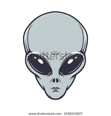 Illustration of alien head in engraving style. Design element for emblem, poster, card, banner, badge. Ufo. Vector illustration