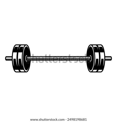 Illustration of gym barbell in monochrome style. Design element for logo, sign, emblem. Vector illustration 