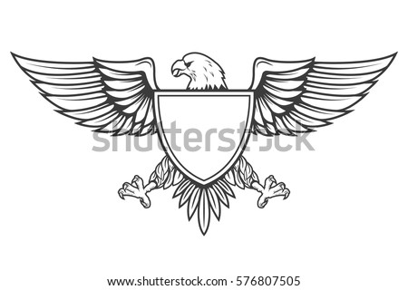 Eagle with shield isolated on white background. Design element for emblem, badge. Vector illustration. 