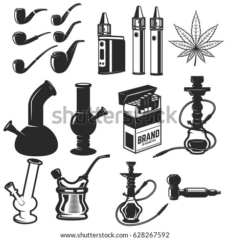 Set of smoking equipment. Bongs, vapes, smoking pipes, Hookah. Design elements for label, emblem, sign. Vector illustration