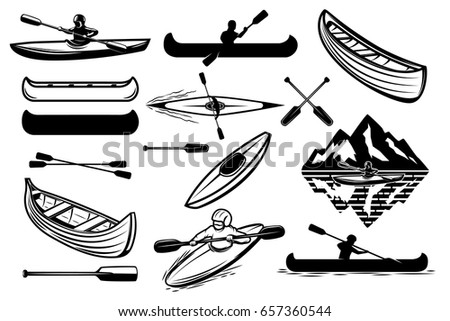 Set of the kayaking sport icons. Canoe, boats, oars mans. Design elements for logo, label, emblem, sign. Vector illustration
