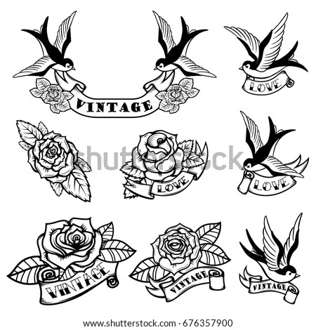 Set of tattoo templates with swallows and roses. Old school tattoo. Vector illustration