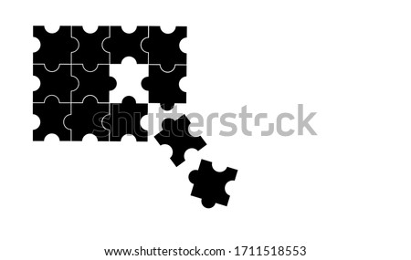Abstract background of black jigsaws missing and falling off isolated on white background, flat vector icon of puzzle for mobile and computer web graphic design, space for text and design