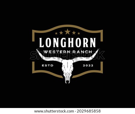 Texas Longhorn Cow, Country Western Bull Cattle Vintage Label Logo Design for Family Countryside Farm