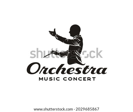 Music Logo, Man Silhouette With Stick Logo Design, Musical Arranged Mascot Logo. Conductor or Choirmaster vector illustration