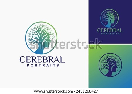 Cerebral Portrait Logo design template seamlessly merges the human face with the intricate beauty of a tree, symbolizing a profound connection between humanity and nature.