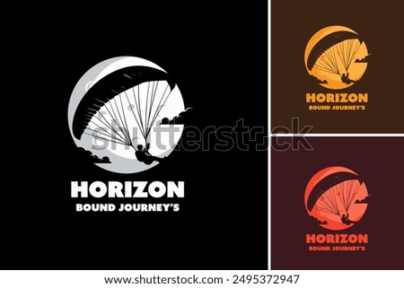 Horizon Bound Journey’s Paraglider Logo Template symbolizes exploration and adventure, ideal for paragliding tours or travel agencies. Layered EPS Vector