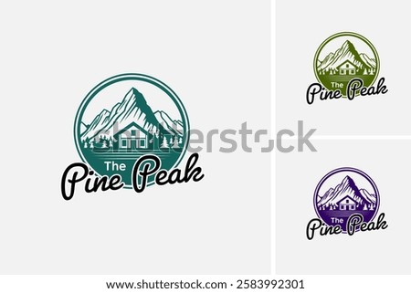 Pine peak with mountain, trees, and house logo design. Ideal for natureinspired designs, outdoorthemed projects, and real estate marketing materials. EPS layered vector