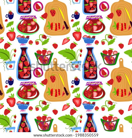 seamless pattern with hand drawn strawberries, jars, cutting board