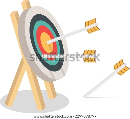 Many arrows missed hitting target mark. Shot miss. Multiple failed inaccurate attempts to hit archery target. Business challenge failure metaphor. Flat cartoon isolated vector object illustration